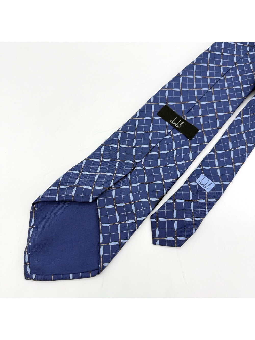 Dunhill 100% Silk Tie Blue Geometric Grid Made in Italy Luxury Necktie Classic